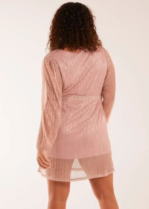 Blue Vanilla Pink Metallic Plisse Belted Dress