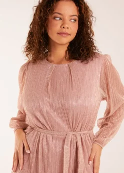 Blue Vanilla Pink Metallic Plisse Belted Dress