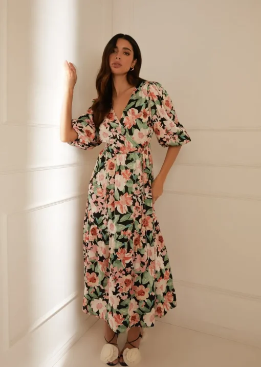 Blue Vanilla Pink Oversized Wrap Floral Smock Dress