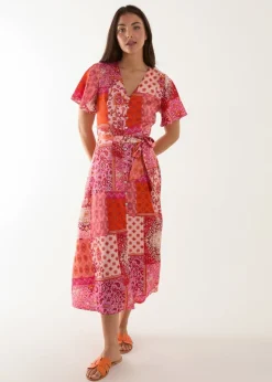 Blue Vanilla Pink Patchwork Button Through Belted Midi Dress