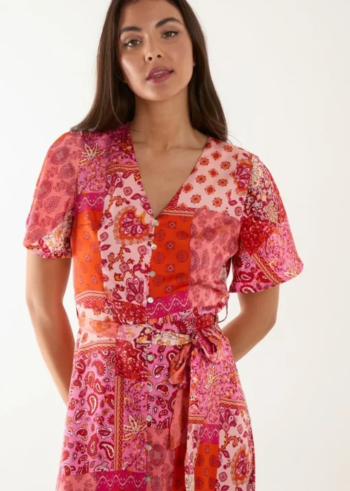 Blue Vanilla Pink Patchwork Button Through Belted Midi Dress