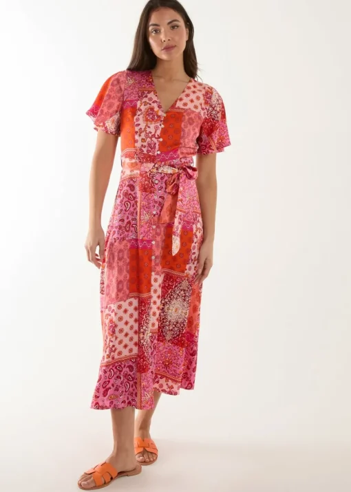 Blue Vanilla Pink Patchwork Button Through Belted Midi Dress