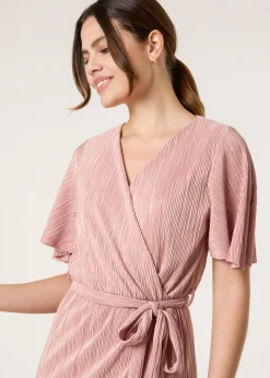 Blue Vanilla Pink Plisse Wrap Over Midi Dress