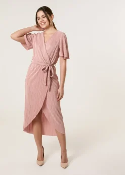Blue Vanilla Pink Plisse Wrap Over Midi Dress