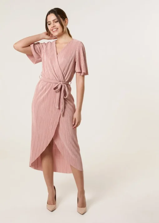 Blue Vanilla Pink Plisse Wrap Over Midi Dress