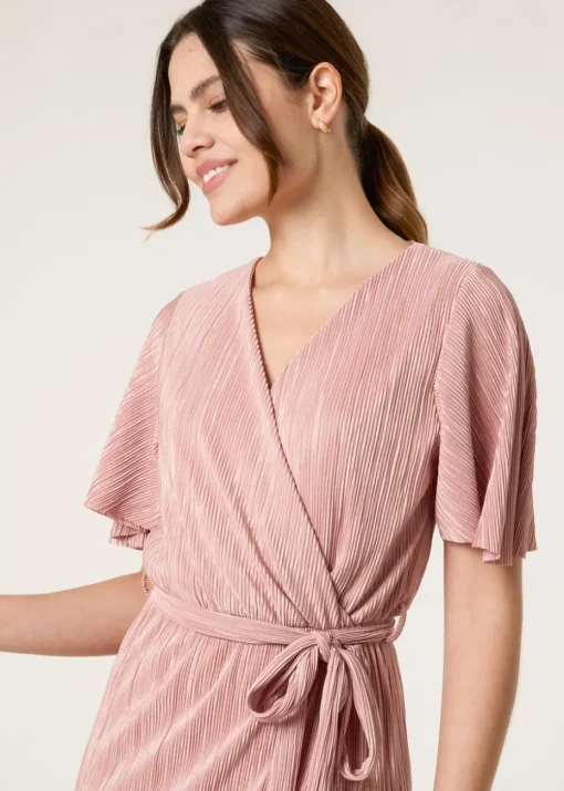 Blue Vanilla Pink Plisse Wrap Over Midi Dress