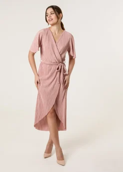 Blue Vanilla Pink Plisse Wrap Over Midi Dress