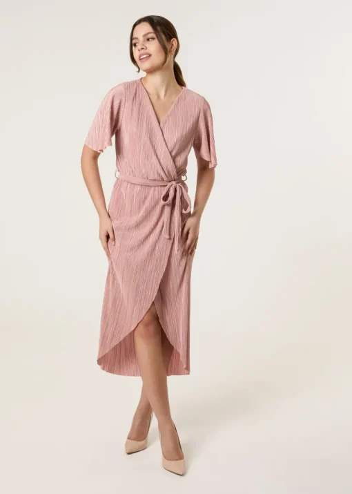Blue Vanilla Pink Plisse Wrap Over Midi Dress
