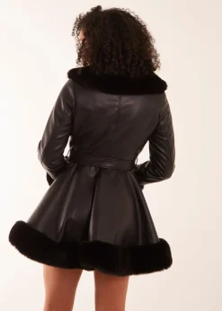 Blue Vanilla PU Faux Fur Trimmed Belted Coat