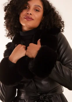 Blue Vanilla PU Faux Fur Trimmed Belted Coat