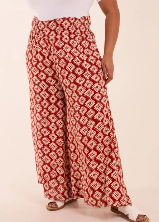 Blue Vanilla Red Curve Shirred Wide Leg Aztec Trouser