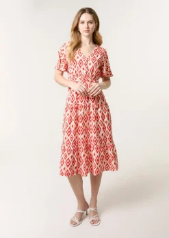 Blue Vanilla Red Diamond Print Button Front Midi Dress