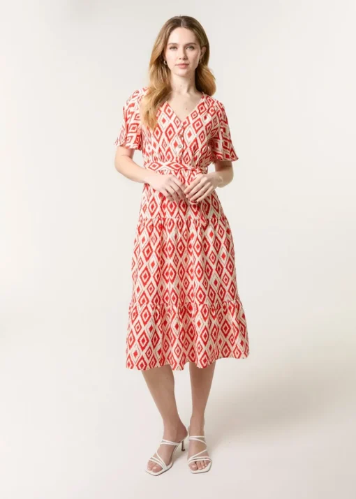 Blue Vanilla Red Diamond Print Button Front Midi Dress