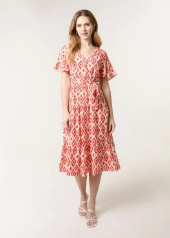 Blue Vanilla Red Diamond Print Button Front Midi Dress