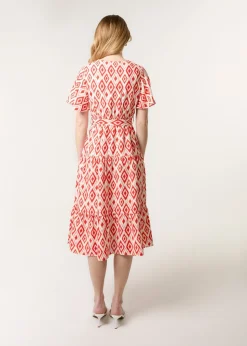 Blue Vanilla Red Diamond Print Button Front Midi Dress
