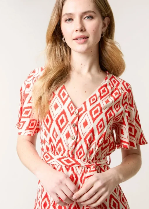 Blue Vanilla Red Diamond Print Button Front Midi Dress