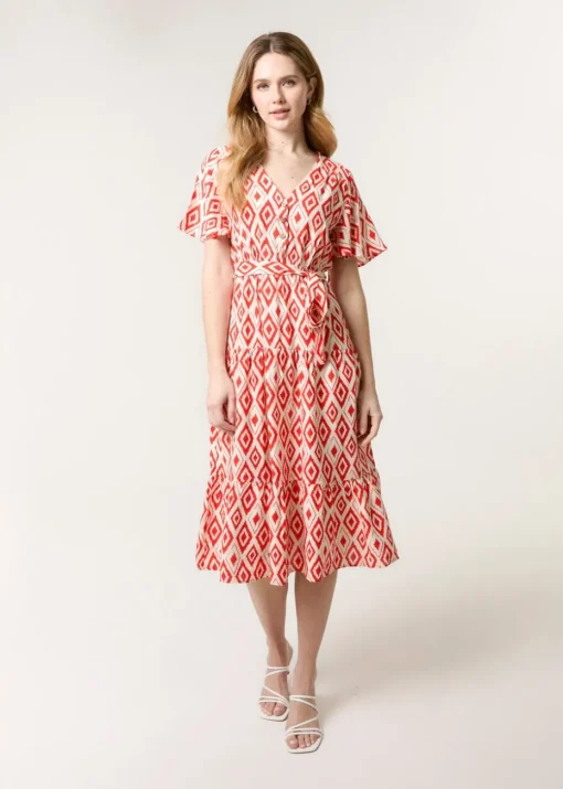 Blue Vanilla Red Diamond Print Button Front Midi Dress