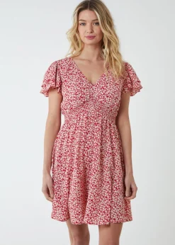 Blue Vanilla Red Double Ruffle Empire Shirred Mini Dress