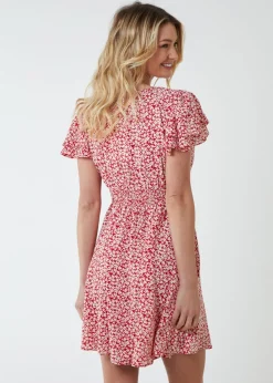 Blue Vanilla Red Double Ruffle Empire Shirred Mini Dress