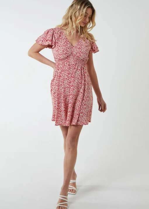 Blue Vanilla Red Double Ruffle Empire Shirred Mini Dress