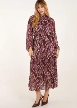 Blue Vanilla Red High Neck Pleated Digital Wave Abstract Dress
