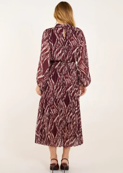 Blue Vanilla Red High Neck Pleated Digital Wave Abstract Dress