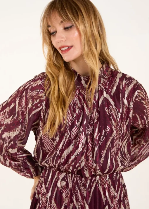 Blue Vanilla Red High Neck Pleated Digital Wave Abstract Dress