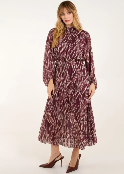 Blue Vanilla Red High Neck Pleated Digital Wave Abstract Dress