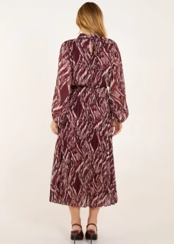 Blue Vanilla Red High Neck Pleated Digital Wave Abstract Dress