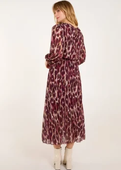 Blue Vanilla Red Round Neck Pleated Abstract Leopard Dress