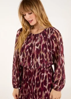 Blue Vanilla Red Round Neck Pleated Abstract Leopard Dress