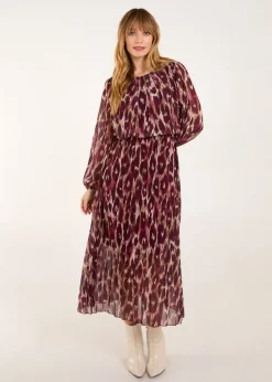 Blue Vanilla Red Round Neck Pleated Abstract Leopard Dress