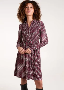 Blue Vanilla Red Shirred Bust Long Sleeve Mini Shirt Dress
