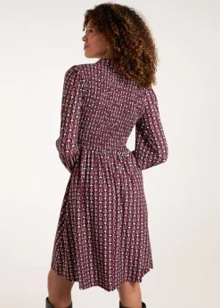 Blue Vanilla Red Shirred Bust Long Sleeve Mini Shirt Dress