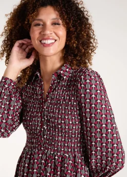 Blue Vanilla Red Shirred Bust Long Sleeve Mini Shirt Dress