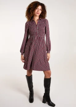Blue Vanilla Red Shirred Bust Long Sleeve Mini Shirt Dress