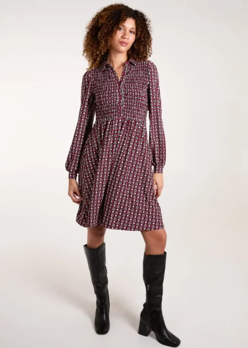 Blue Vanilla Red Shirred Bust Long Sleeve Mini Shirt Dress