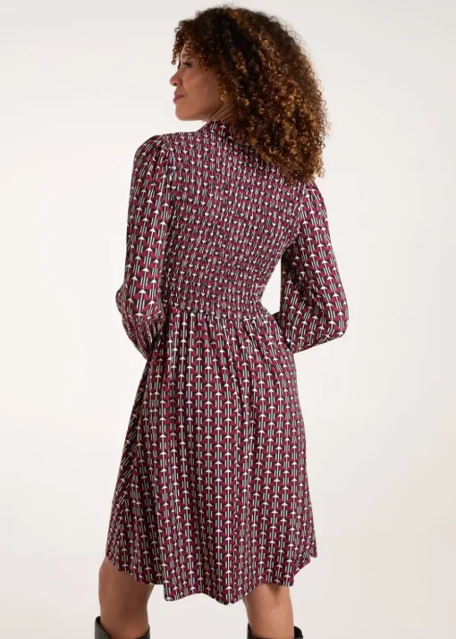 Blue Vanilla Red Shirred Bust Long Sleeve Mini Shirt Dress