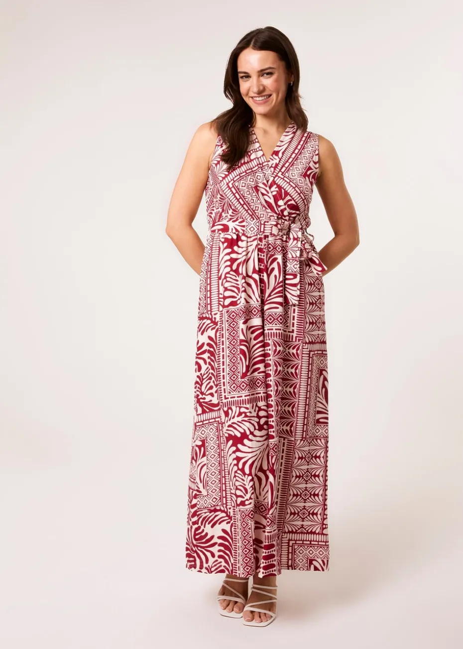 Blue Vanilla Red Sleeveless Leaf Print Jumpsuit