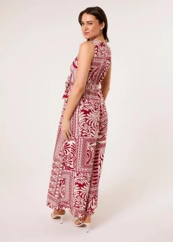 Blue Vanilla Red Sleeveless Leaf Print Jumpsuit