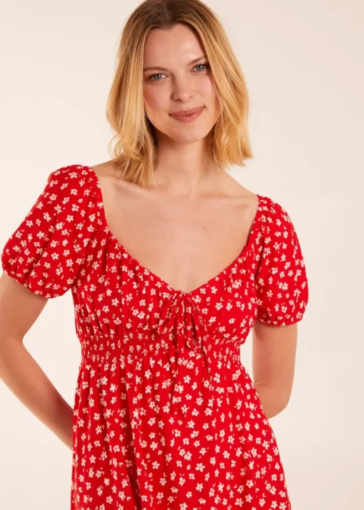 Blue Vanilla Red Sweet Heart Neck Floral Mini Dress