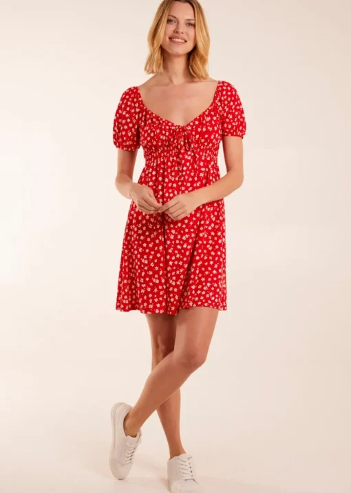 Blue Vanilla Red Sweet Heart Neck Floral Mini Dress