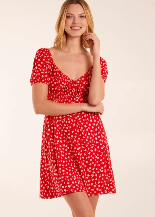 Blue Vanilla Red Sweet Heart Neck Floral Mini Dress