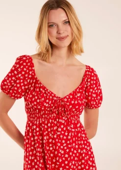 Blue Vanilla Red Sweet Heart Neck Floral Mini Dress