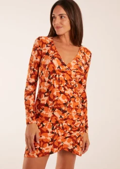 Blue Vanilla Rust Fixed Wrap Gathered Mini Dress
