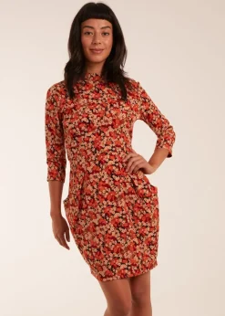 Blue Vanilla Rust High Neck 3/4 Sleeve Dress With Belt