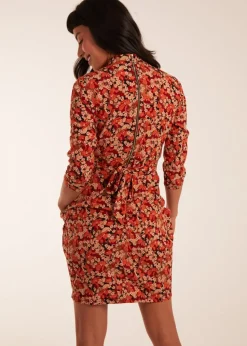 Blue Vanilla Rust High Neck 3/4 Sleeve Dress With Belt
