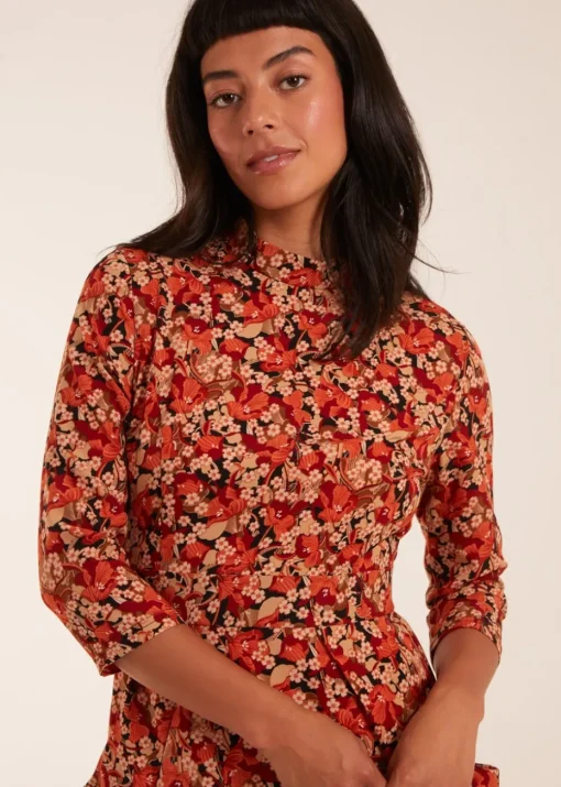 Blue Vanilla Rust High Neck 3/4 Sleeve Dress With Belt