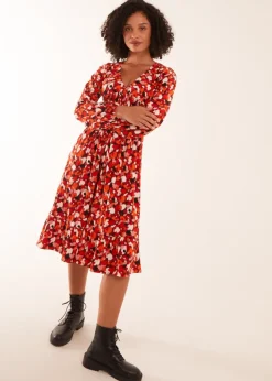 Blue Vanilla Rust V Neck Shirred Waist Midi Dress