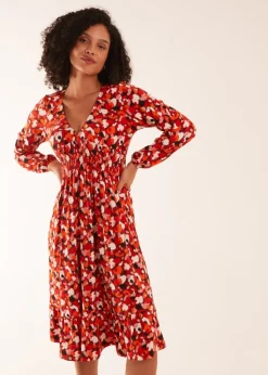 Blue Vanilla Rust V Neck Shirred Waist Midi Dress